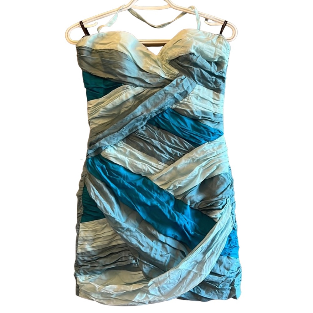 🌟3 x HOST PICK bebe Blue Silk Sweetheart Mini Bandage Dress Y2K | Size M